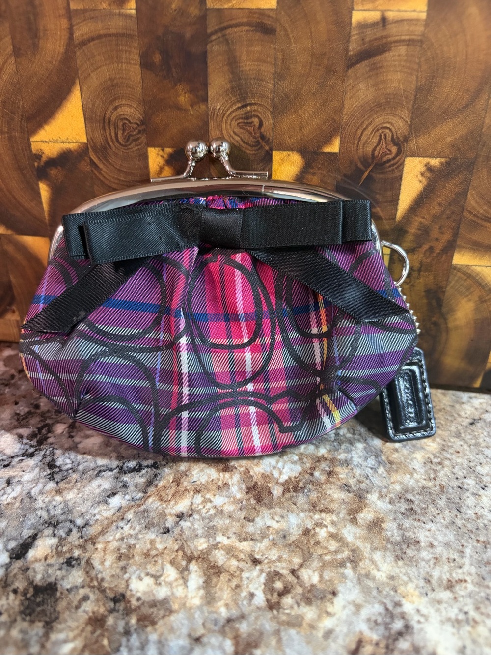 Coach Purple and Pink Plaid Bow Clasp Wristlet